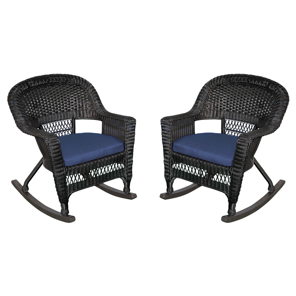Black Rocker Wicker Chair with Midnight Blue Cushion -  Set of 2