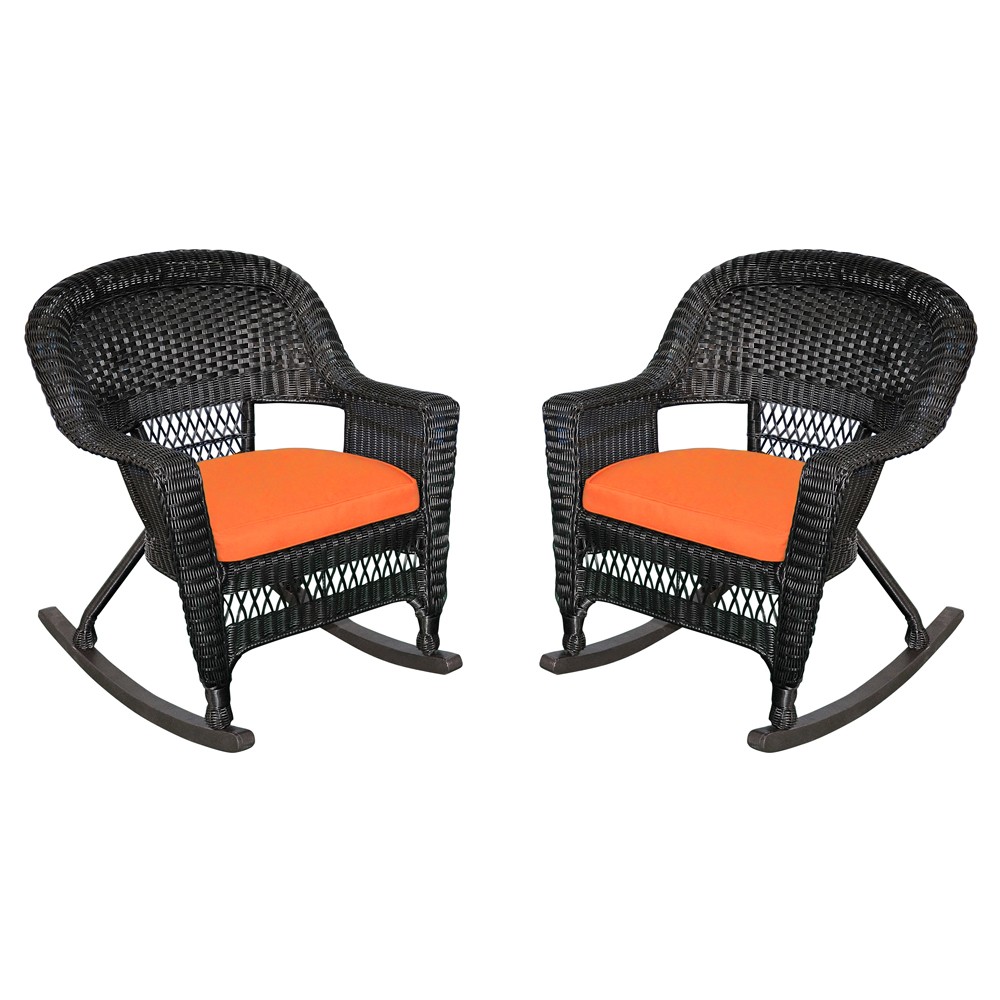 Black Rocker Wicker Chair with Orange Cushion -  Set of 2