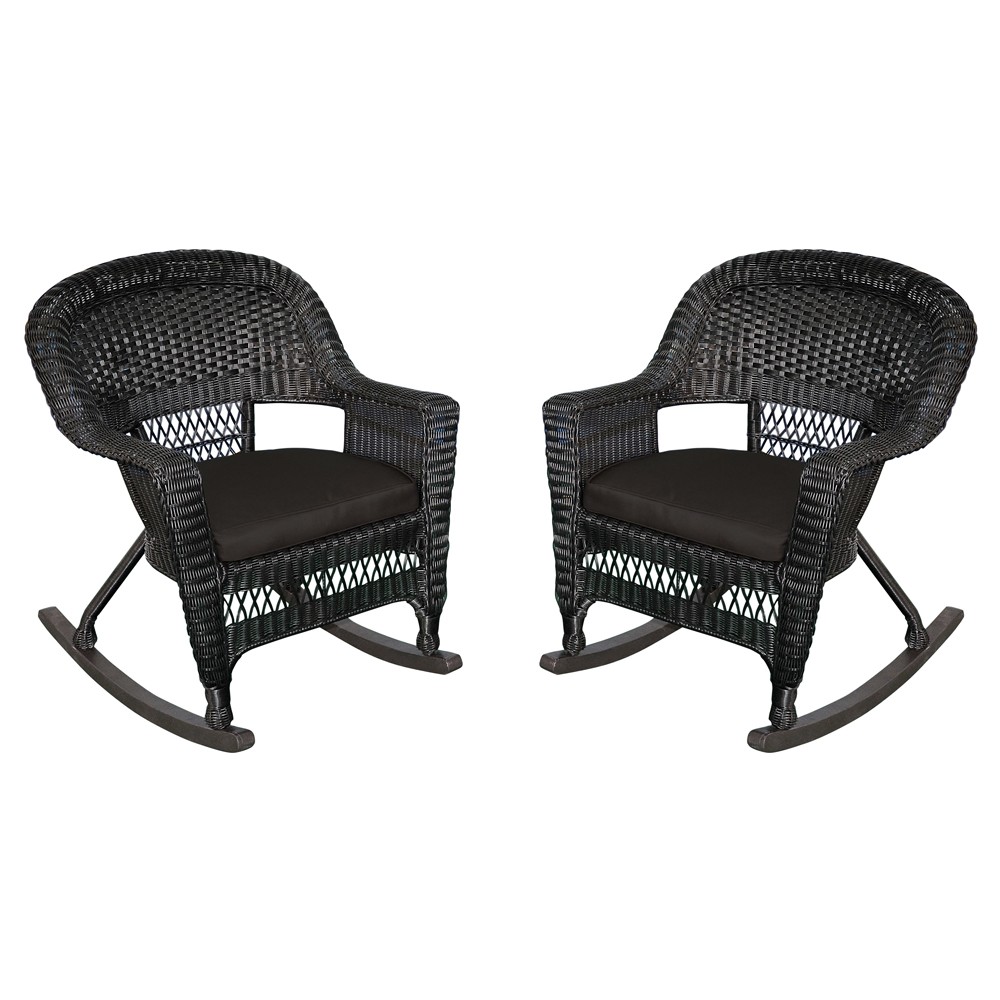 Black Rocker Wicker Chair with Black Cushion -  Set of 2