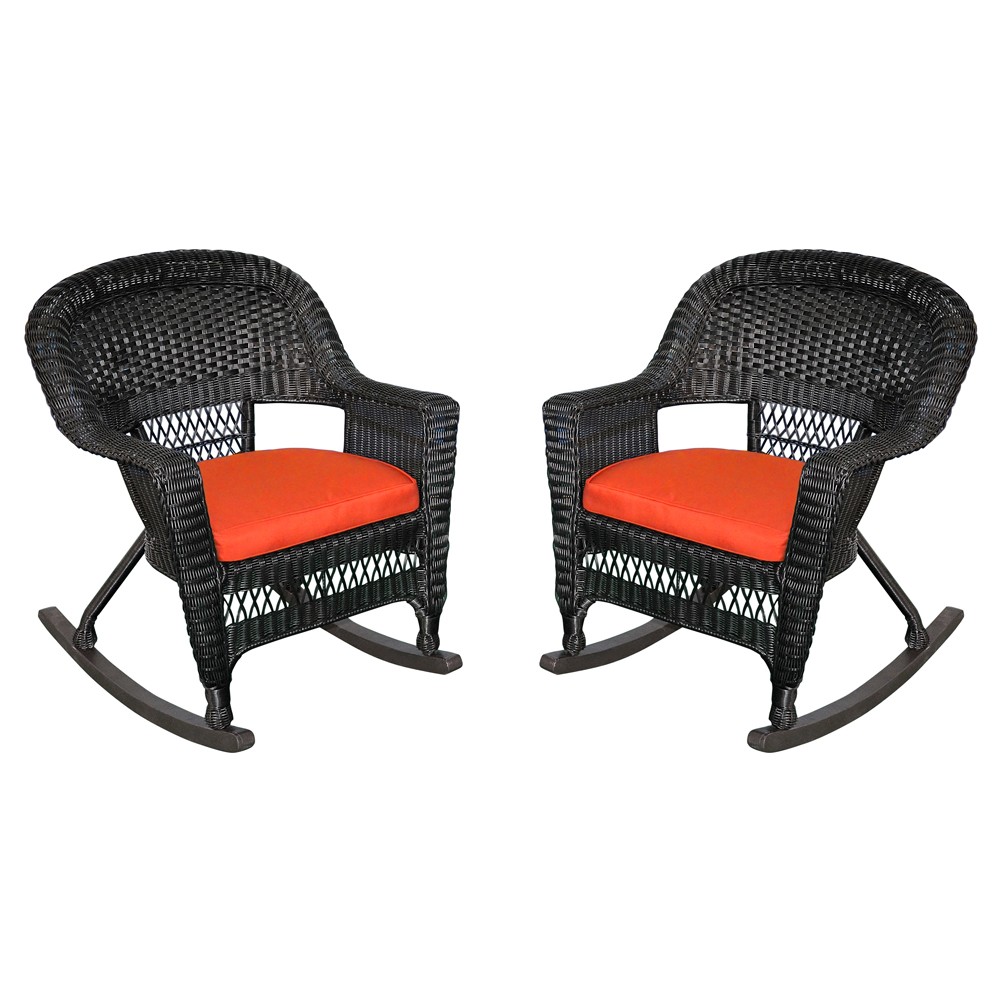 Black Rocker Wicker Chair with Brick Red Cushion -  Set of 2