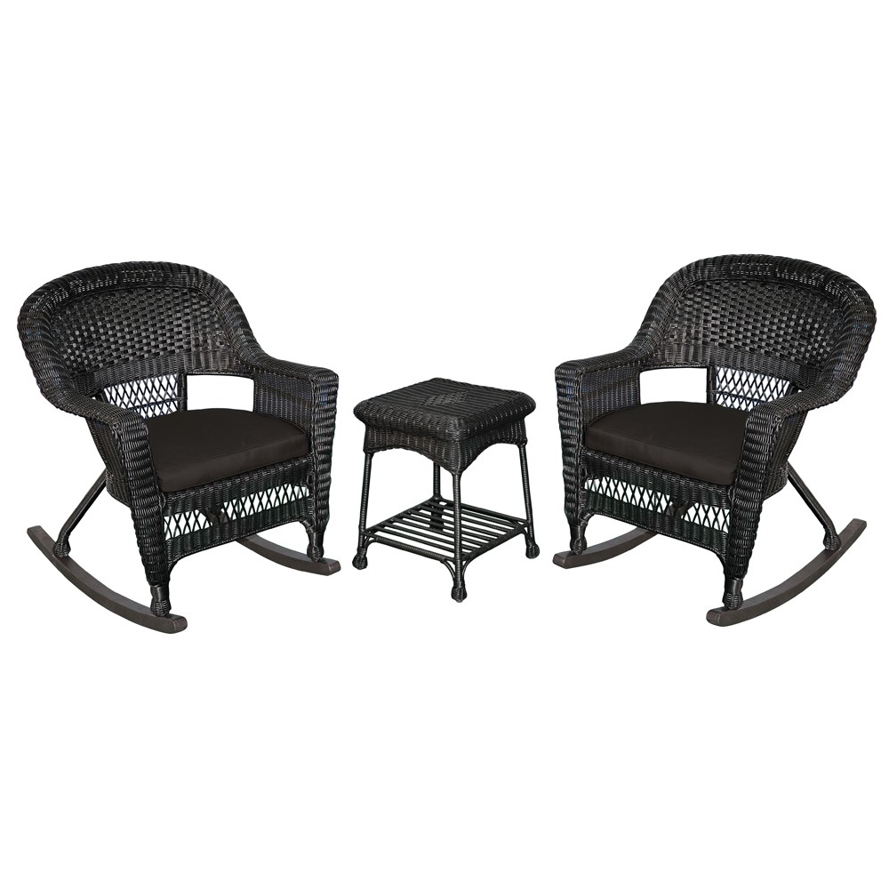 3pc Black Rocker Wicker Chair Set With Black Cushion