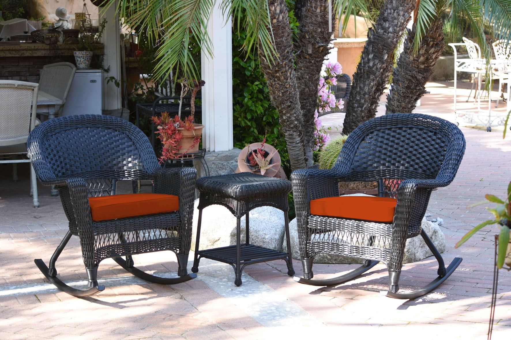 3pc Black Rocker Wicker Chair Set With Brick Red Cushion