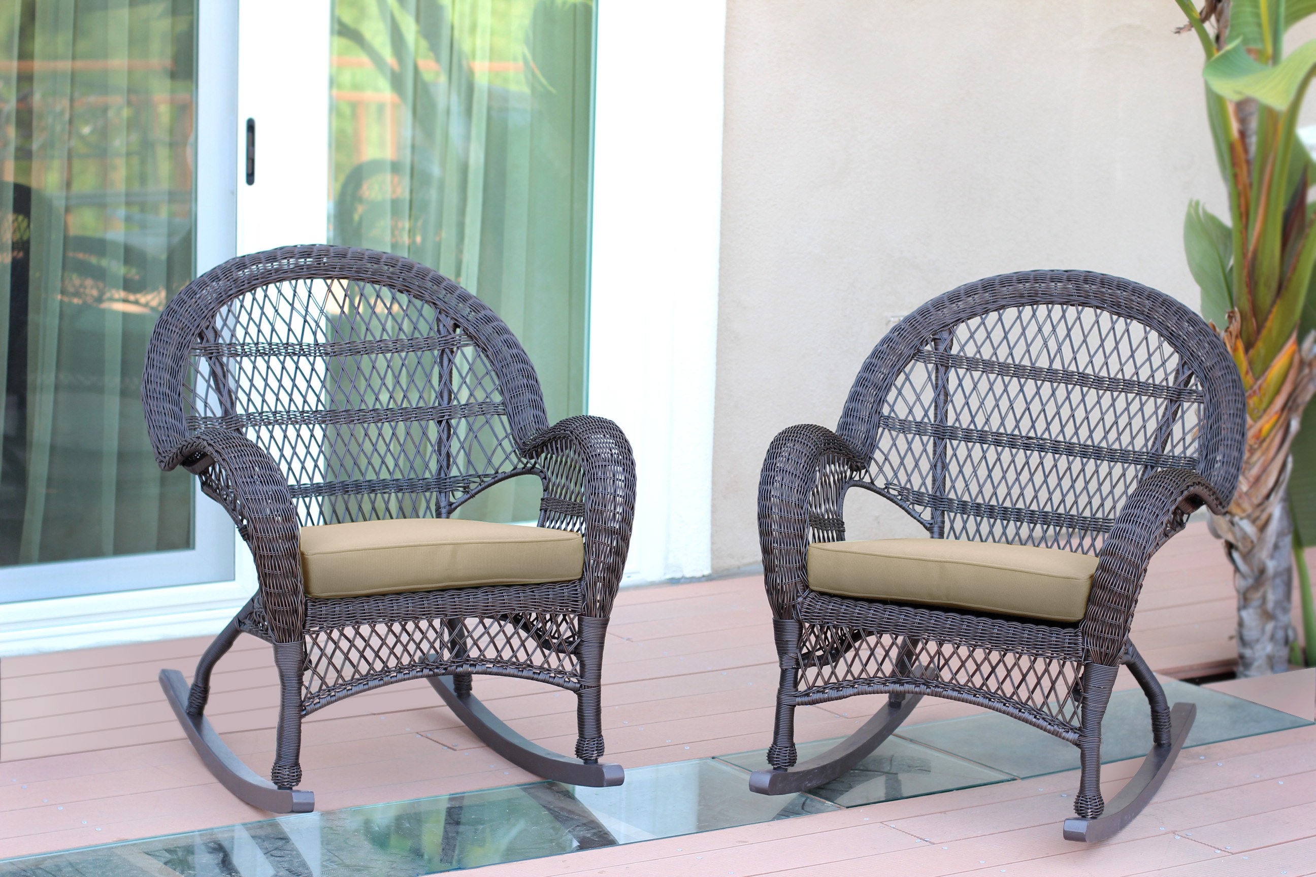 Santa Maria Espresso Wicker Rocker Chair with Tan Cushion - Set of 2