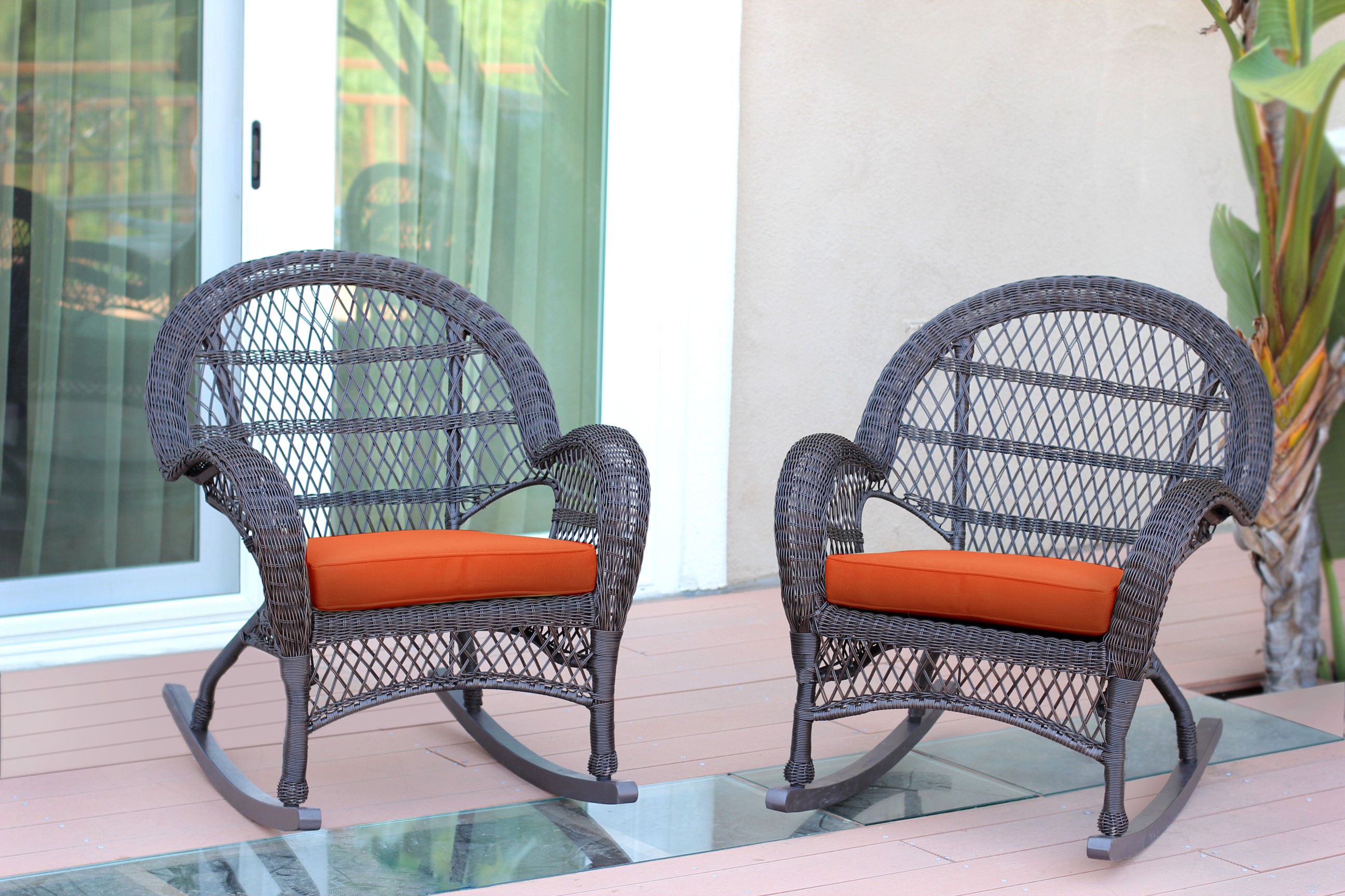 Santa Maria Espresso Wicker Rocker Chair with Orange Cushion - Set of 2