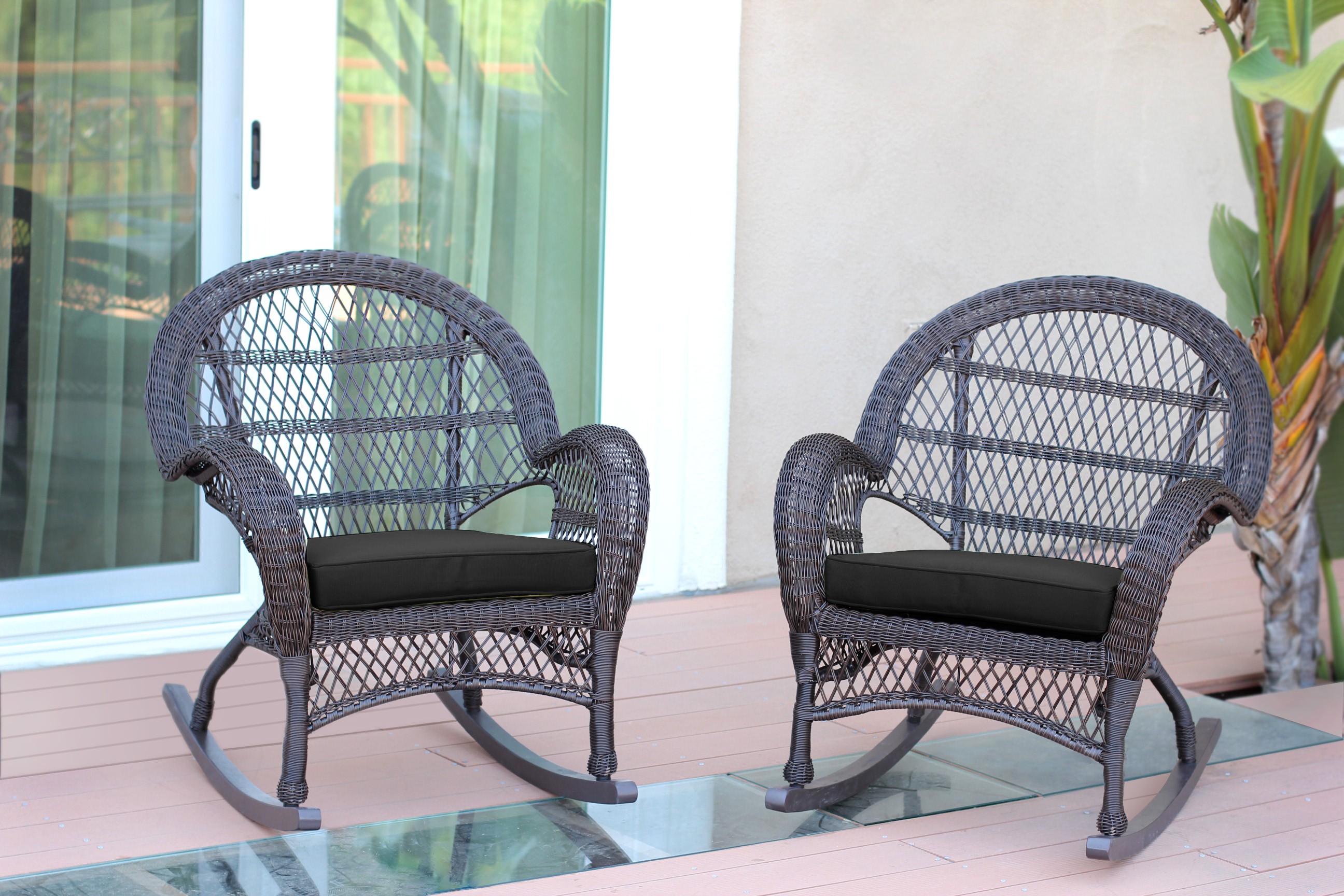 Espresso Wicker Rocker Chair with Black Cushion - Set of 4