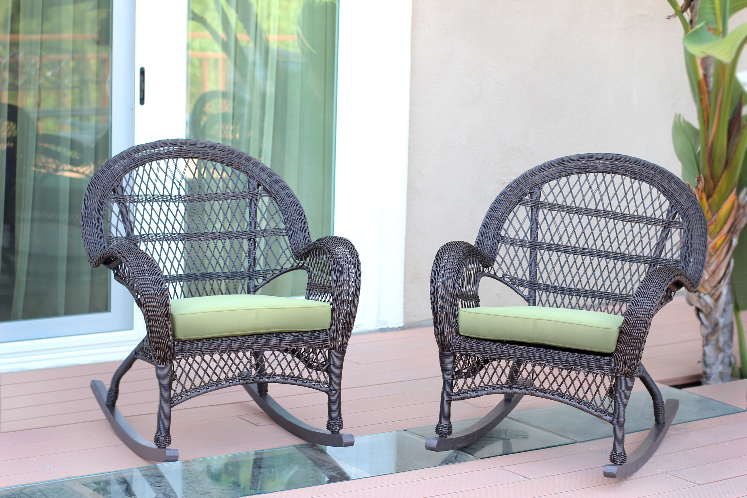 Santa Maria Espresso Wicker Rocker Chair with Sage Green Cushion - Set of 2