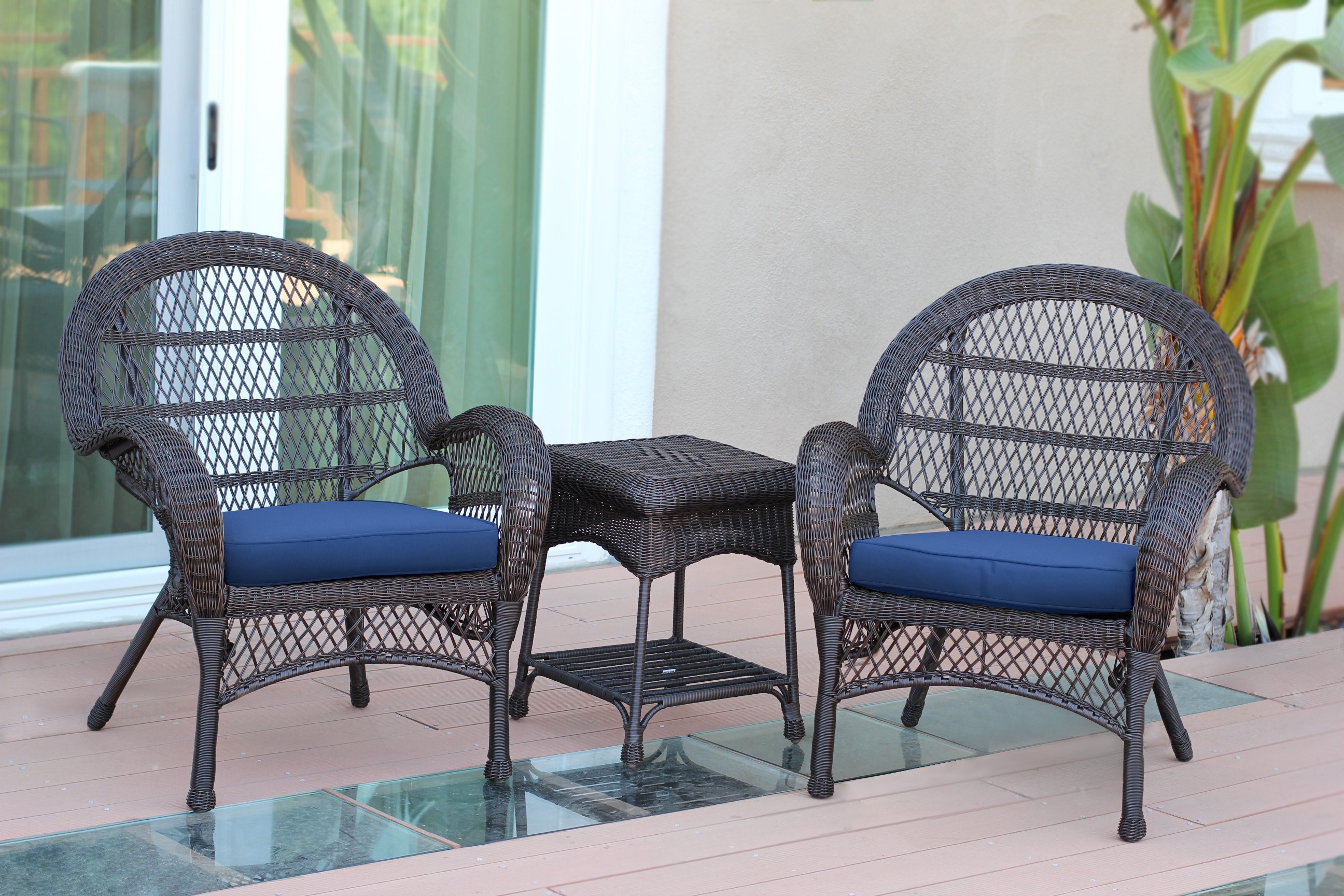 3pc Santa Maria Espresso Wicker Chair Set - Midnight Blue Cushions