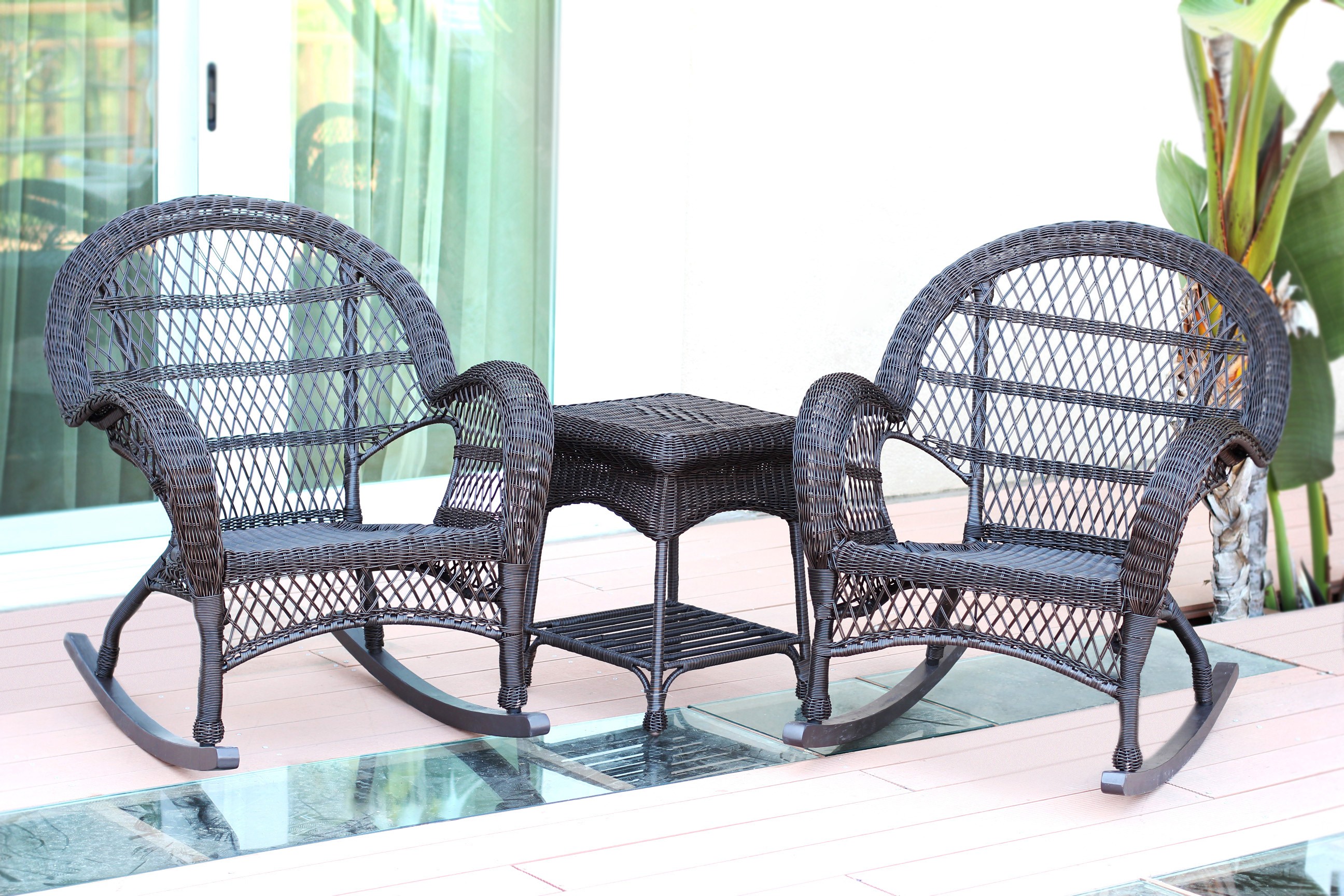 3pc Santa Maria Espresso Rocker Wicker Chair Set Without Cushion