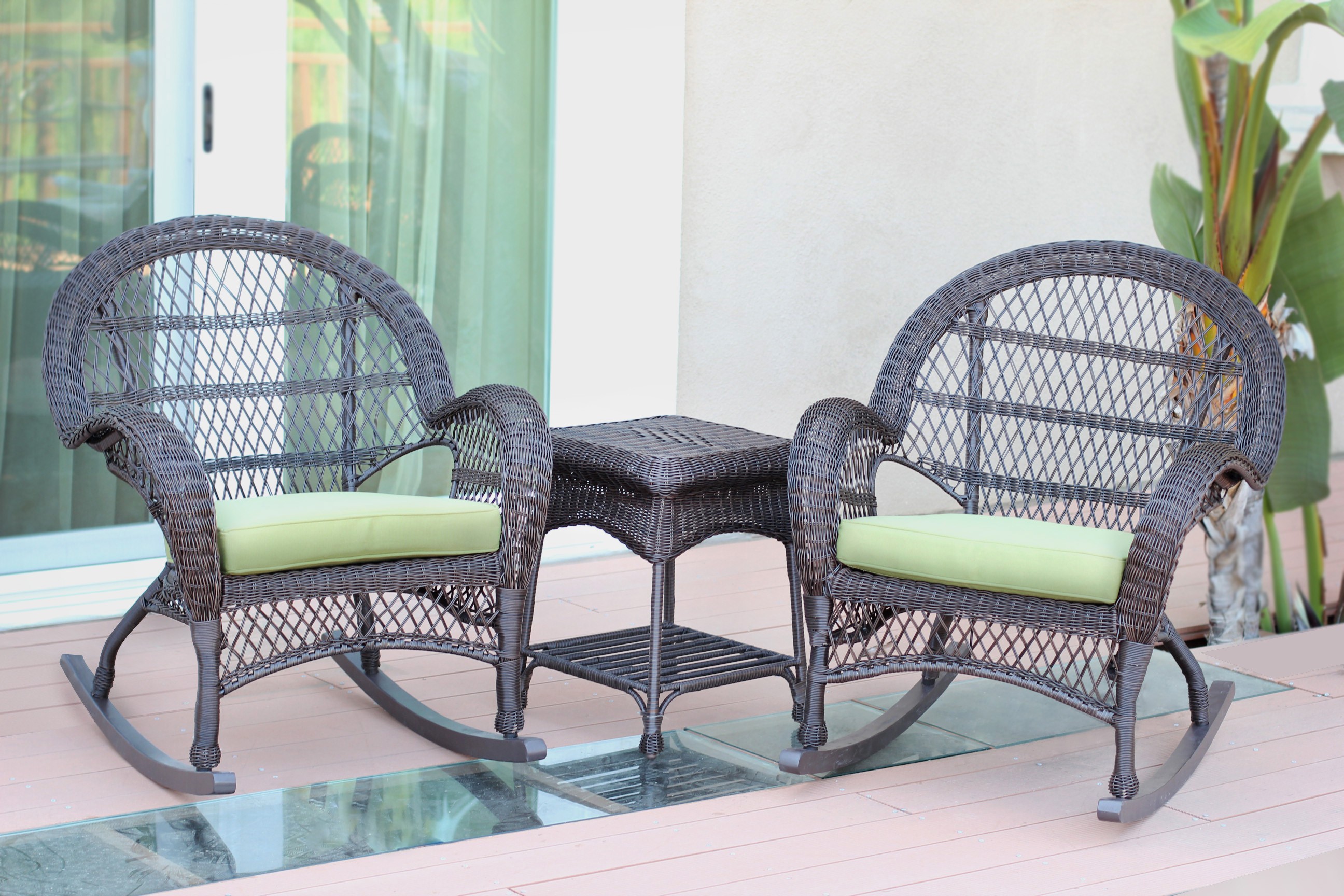 3pc Santa Maria Espresso Rocker Wicker Chair Set - Sage Green Cushions