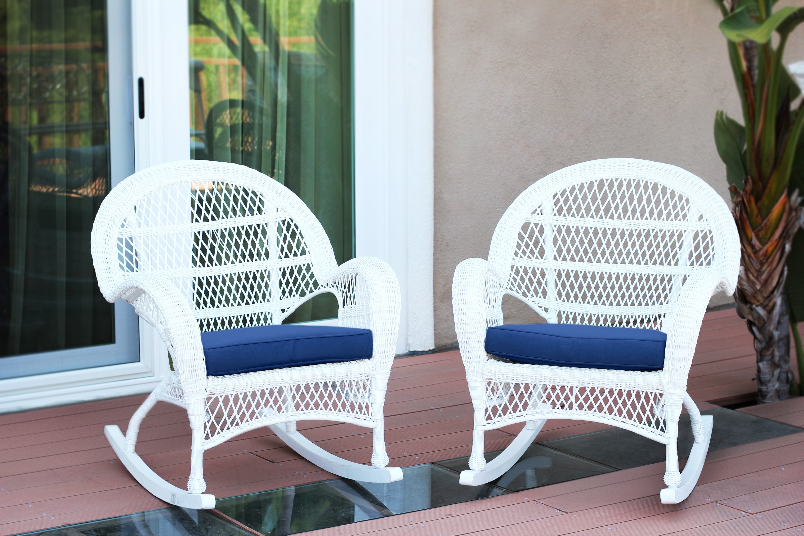 Santa Maria White Wicker Rocker Chair with Midnight Blue Cushion - Set of 4
