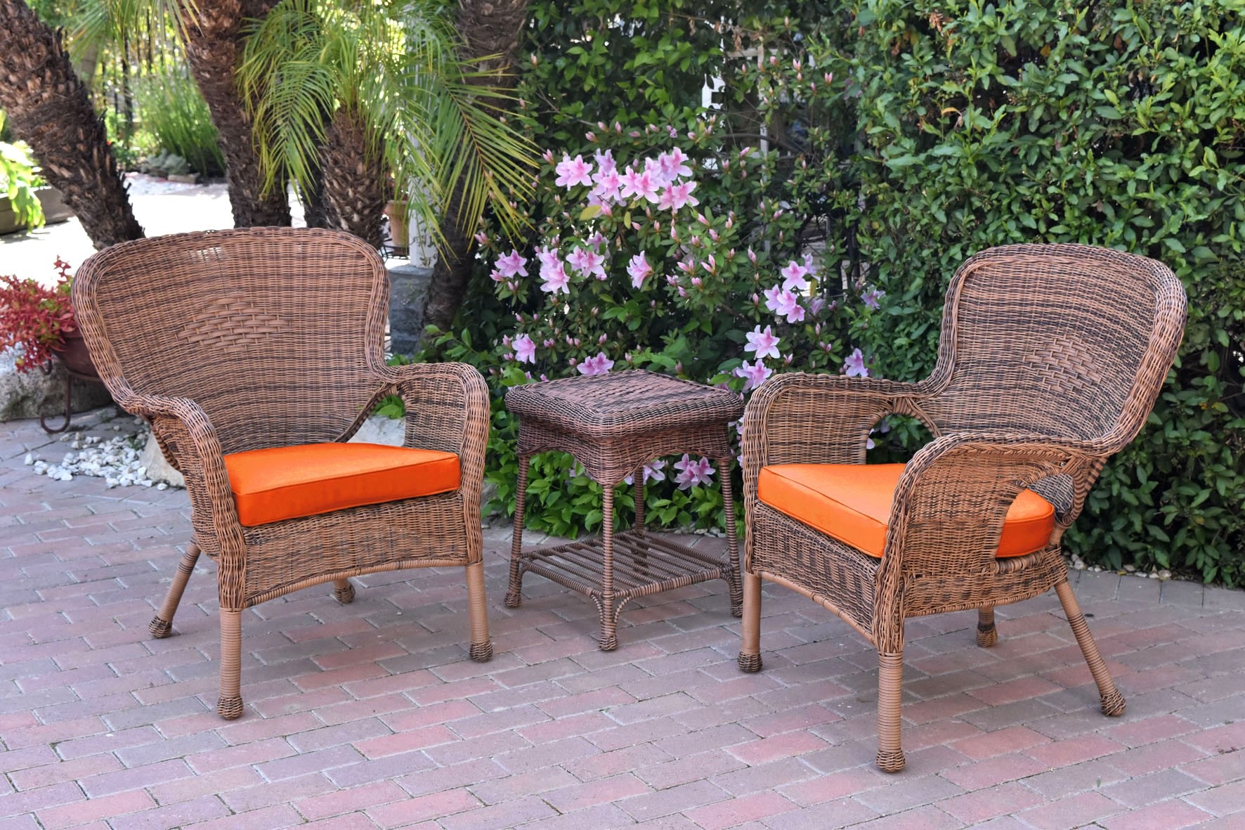 Windsor Honey Wicker Chair And End Table Set With Orange Chair Cushion