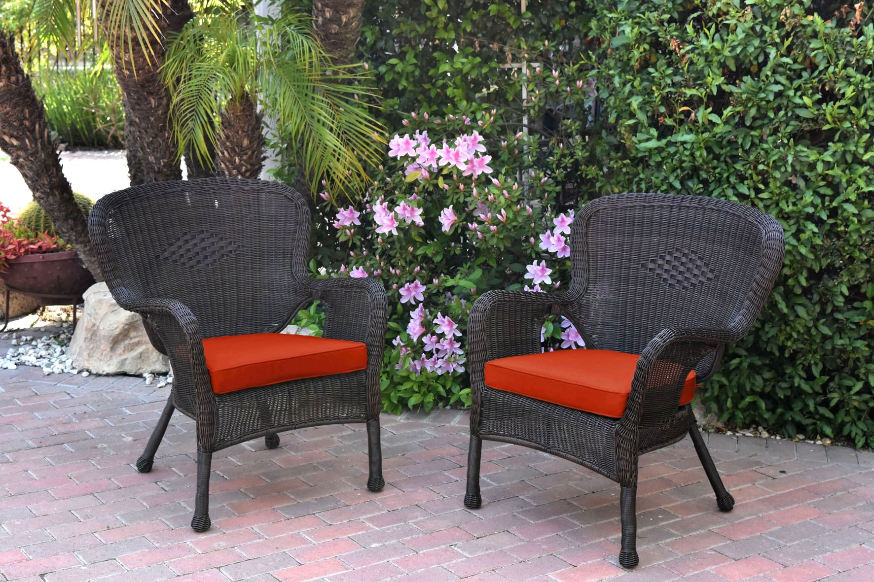 Set of 2 Windsor Espresso Resin Wicker Chair with Brick Red Cushions