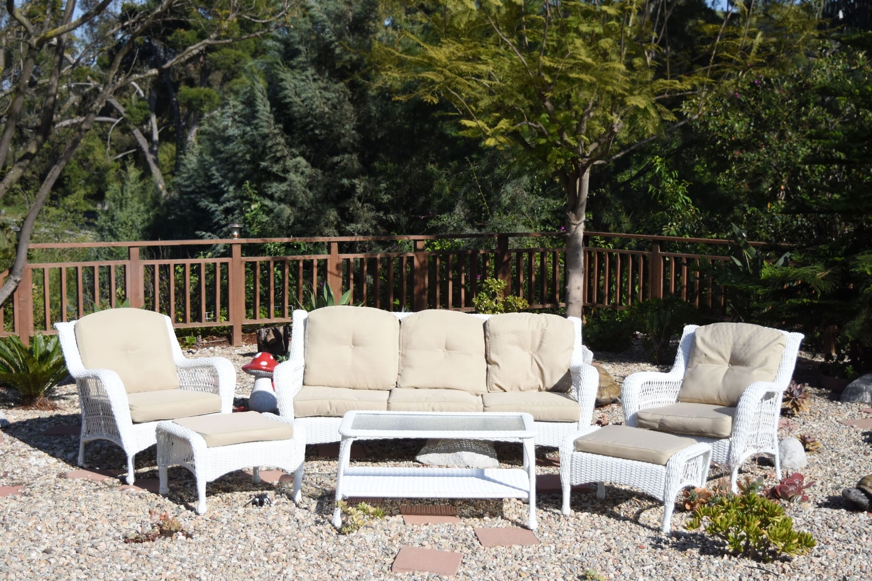 6pc White Wicker Seating Set with Ivory Cushions