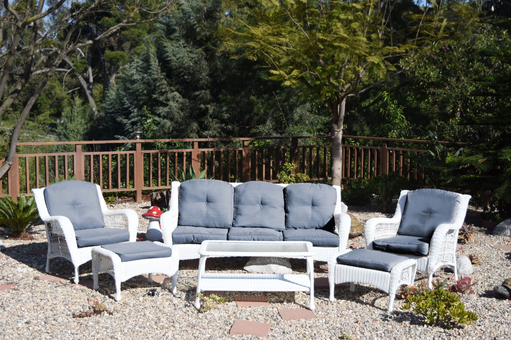 6pc White Wicker Seating Set with Steel Blue Cushions