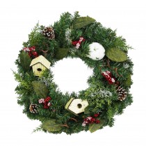 24 inch Christmas Wreath with Birdhouses and Red Berries