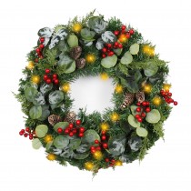 24 inch Eucalytpus Christmas Wreath with Red Berries and Lights