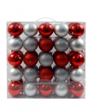 50Pk 75Mm Plastic Ornaments -Red/Silver