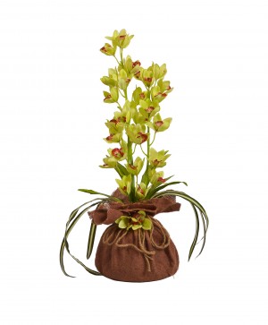 Floral arrangement with burlap pot