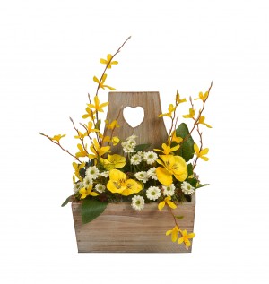 Floral arrangement with wooden  pot
