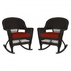 Espresso Rocker Wicker Chair with Cushion -  Set of 2