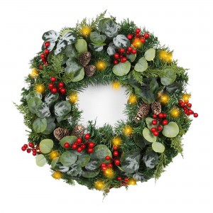 24 inch Eucalytpus Christmas Wreath with Red Berries and Lights