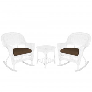 3pc White Rocker Wicker Chair Set With Cushion