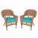 Honey Wicker Chair With Turquoise Cushion - Set of  2